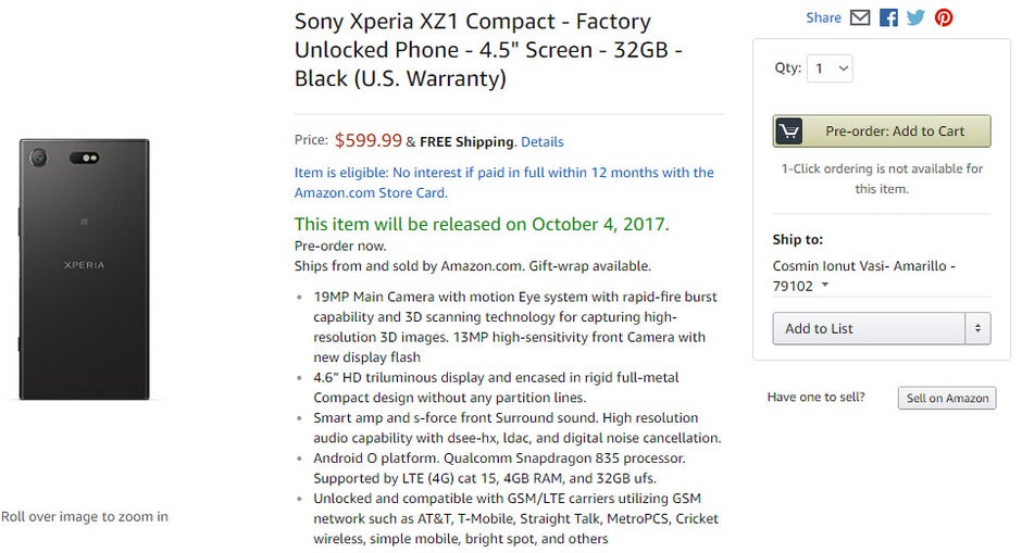 Sony Xperia XZ1 Compact up for pre-order in the US for $600, ships on October 4