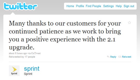Sprint tweets customers, thanking them for their patience with Android 2.1 delay