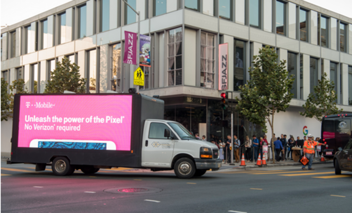 T-Mobile promotes its Pixel deal by driving a mobile billboard throughout the streets of San Francisco - Bring your Pixel 2 or Pixel 2 XL to T-Mobile and get back 34% to 50% of your purchase price