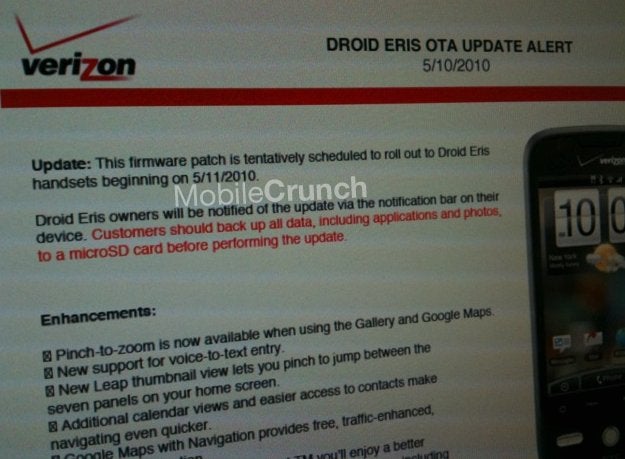 Android 2.1 update for the HTC Droid Eris starts to roll out tomorrow?