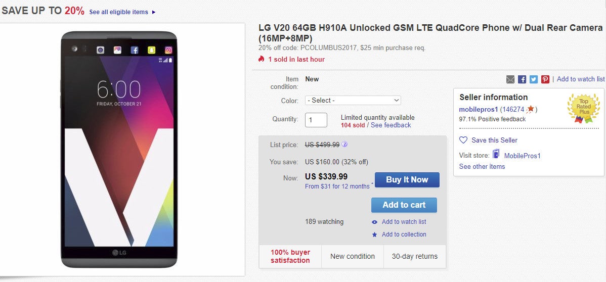 Deal: Unlocked AT&amp;T LG V20 on sale for less than $300 on eBay