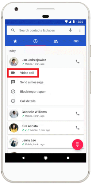 With certain Android phones, a Duo video chat can be initiated from call history and search - Starting today, a few handsets will be able to send a Duo video chat from a trio of Android apps