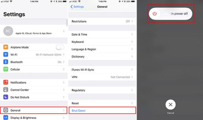 To shut down your iOS device, go to Settings, General, Shut Down and slide the power button to the right - With iOS 11, you can shut down your Apple iPhone or Apple iPad without using the power button