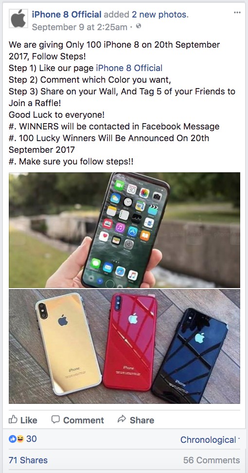 Example of a fraudulent contest claiming to give away a large number of iPhone 8 handsets - Don&#039;t fall for fake iPhone giveaways or you might end up a victim of identity theft