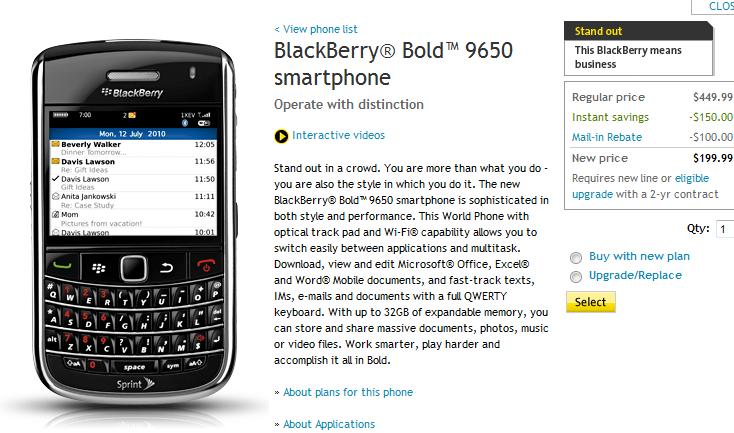 BlackBerry Bold 9650 now available on Sprint&#039;s web site