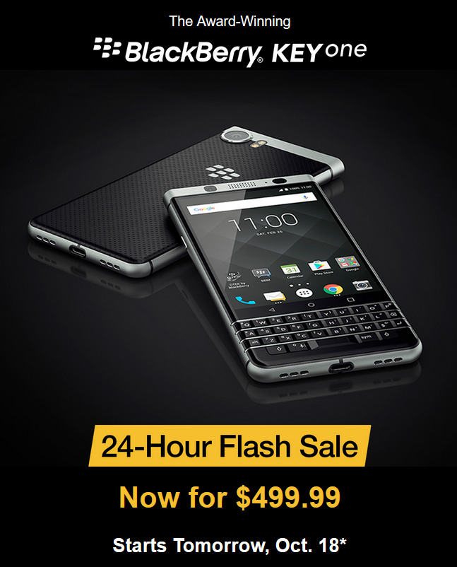 The BlackBerry KEYone can be purchased tomorrow only for $499.99 - Save $50 on the BlackBerry KEYone during BlackBerry's 24 hour sale starting tomorrow