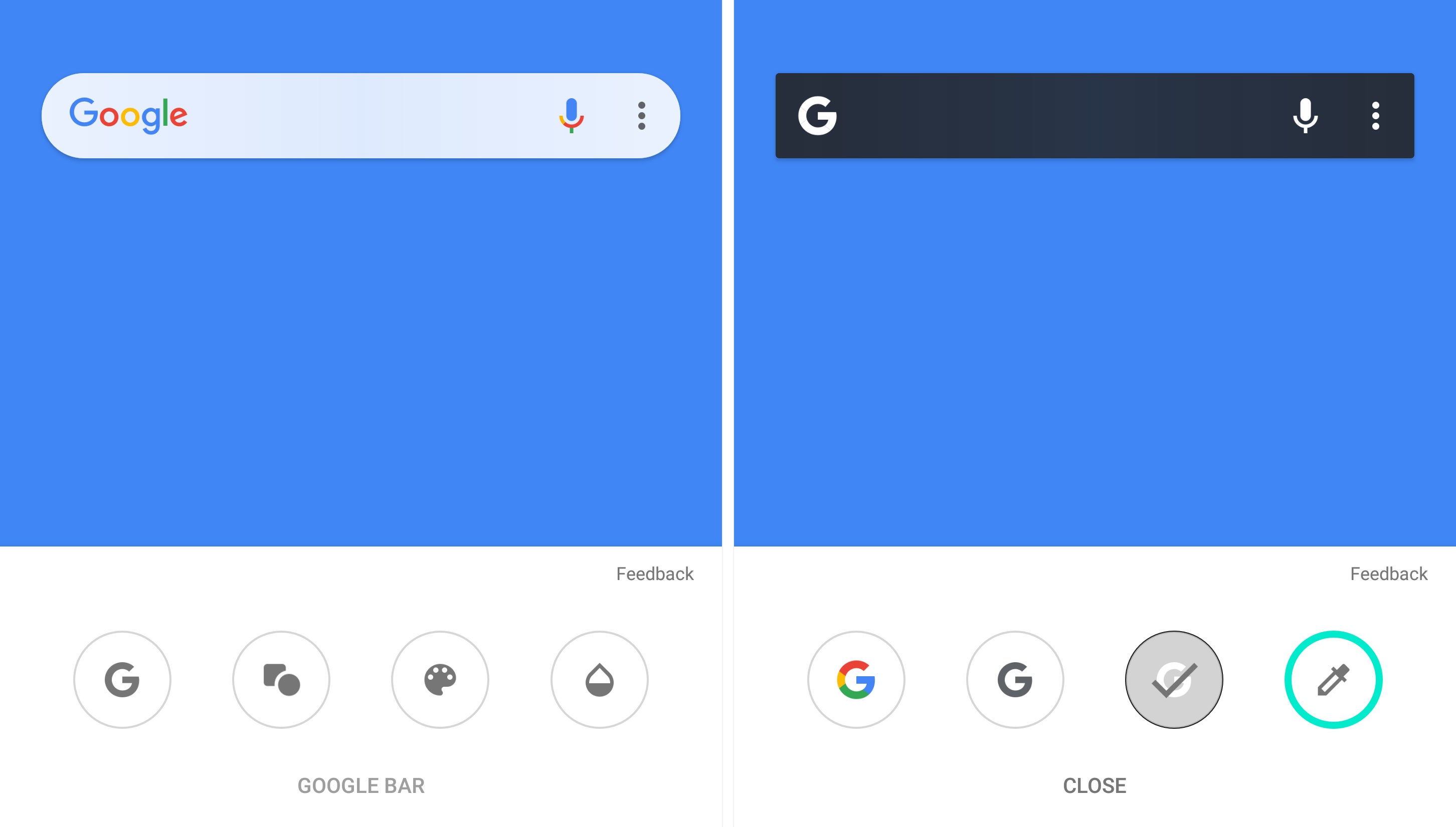 The following customization settings are available for the Google search bar widget (from left to right) - Logo type, shape, color, transparency - Google App is getting a customizable search bar widget in the latest update