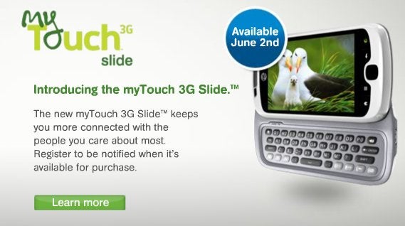 T-Mobile myTouch 3G Slide ready to slide out starting on June 2 for $179.99