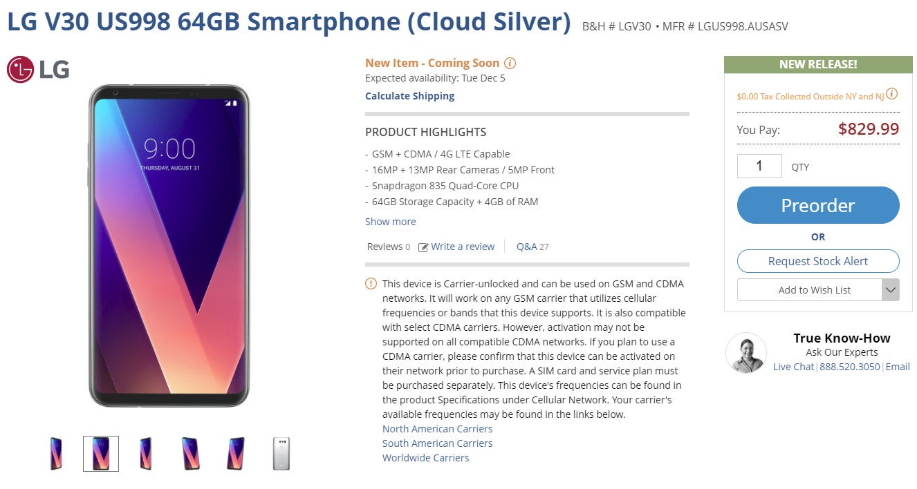 Unlocked LG V30 goes on pre-order in the US, but it won't arrive until December