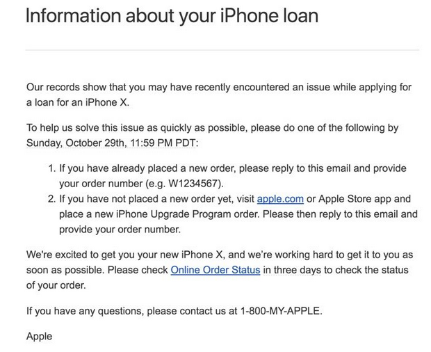 Email sent by Apple to certain members of the iPhone Upgrade Program - Apple sends email to some iPhone Upgrade Program members who lost their place in line for iPhone X