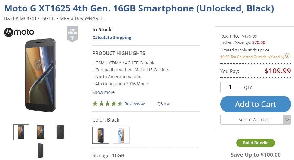 Deal: Unlocked Moto G4 16GB costs just $110 (40% off)