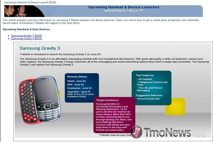 Samsung Gravity 3, Gravity T, and "Smile" are pulling together for a June 23rd launch