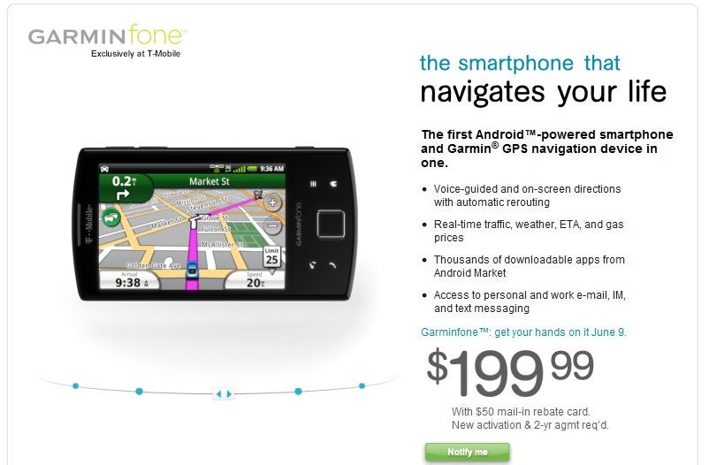 T-Mobile officially announces that the Garminfone will be launching on June 9 for $199.99