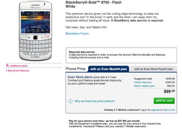 T-Mobile&#039;s &quot;flash white&quot; BlackBerry Bold 9700 splashes down with a $99.99 price tag