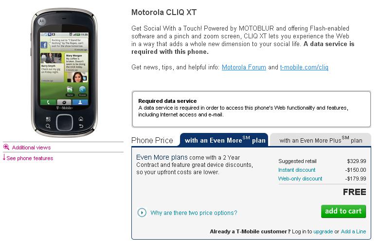 Motorola CLIQ XT is free with a 2 year contract at T-Mobile