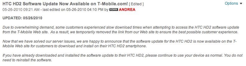 Update for T-Mobile&#039;s HTC HD2 is back online