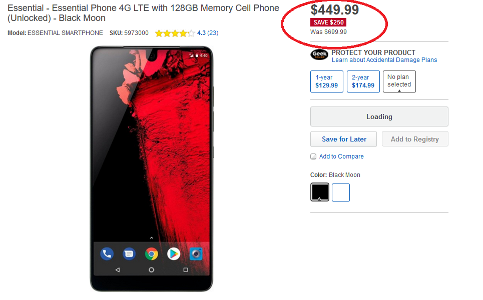 The Essential Phone is $250 off at $449.99 from Best Buy - Best Buy knocks another $50 off the Essential Phone; discount takes the price down to $449.99