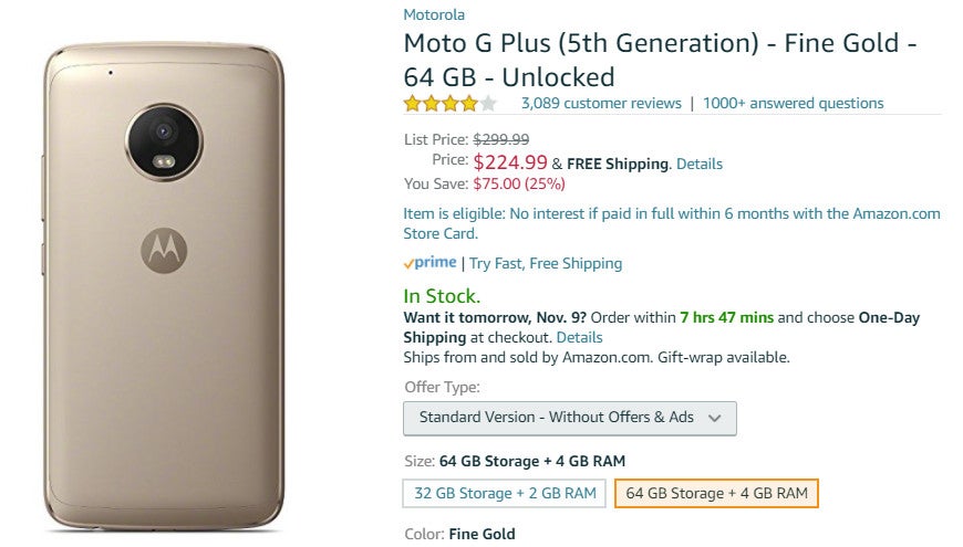 Deal: Save $75 (25%) when you buy the 64GB Moto G5 Plus at Amazon