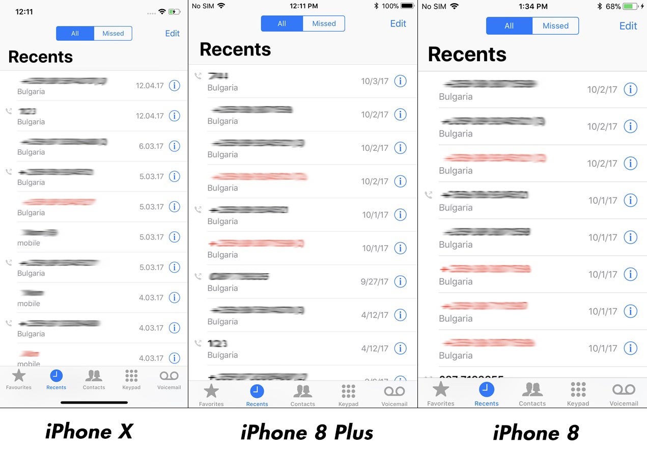 Call log comparison - iPhone X vs iPhone 8 Plus/iPhone 8 interface comparison: Does it really fit more content?
