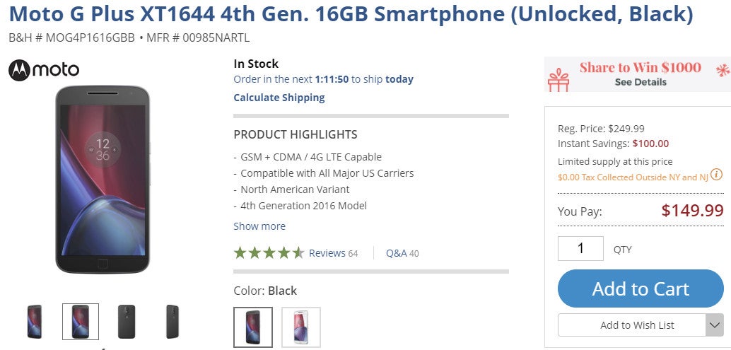 Deal: Save $100 when you buy the unlocked Moto G4 Plus (16GB and 64GB models) at B&H