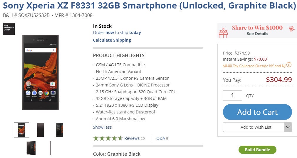 Deal: Save $70 on the unlocked Sony Xperia XZ at B&H