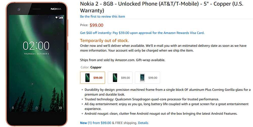 The Nokia 2 (for AT&T and T-Mobile) is launching soon in the US, large battery included
