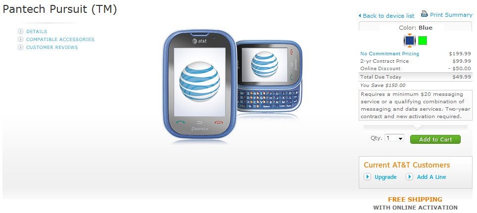 Pantech Pursuit is now available for $49.99 through AT&amp;T