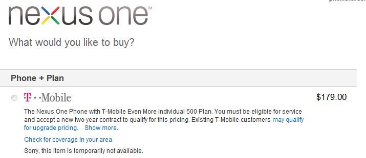 Nexus One for T-Mobile is not available through Google&#039;s phone site?