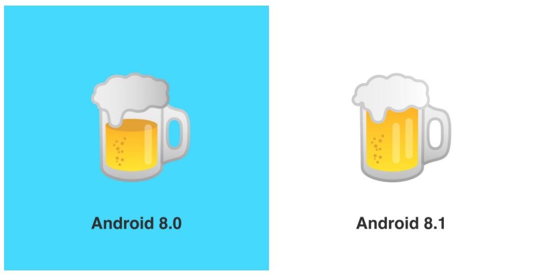 Left is wrong and right is right, obviously, but what about that second reflection in the beer mug? I'm not sure everyone will be pleased with that second reflection! - Google fixes burger and beer emojis in Android 8.1