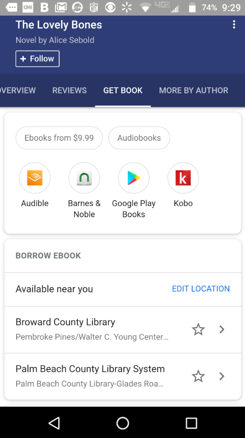 The results from a Google Search of a book show where it can be purchased as an audiobook and the cost. You can also see which nearby library will lend you the title - Google Search adds support for audiobooks