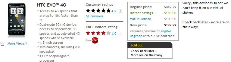 HTC EVO 4G is currently out of stock on Sprint&#039;s web site