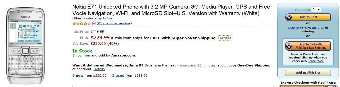 Amazon is selling an unlocked white version of the Nokia E71 for $230