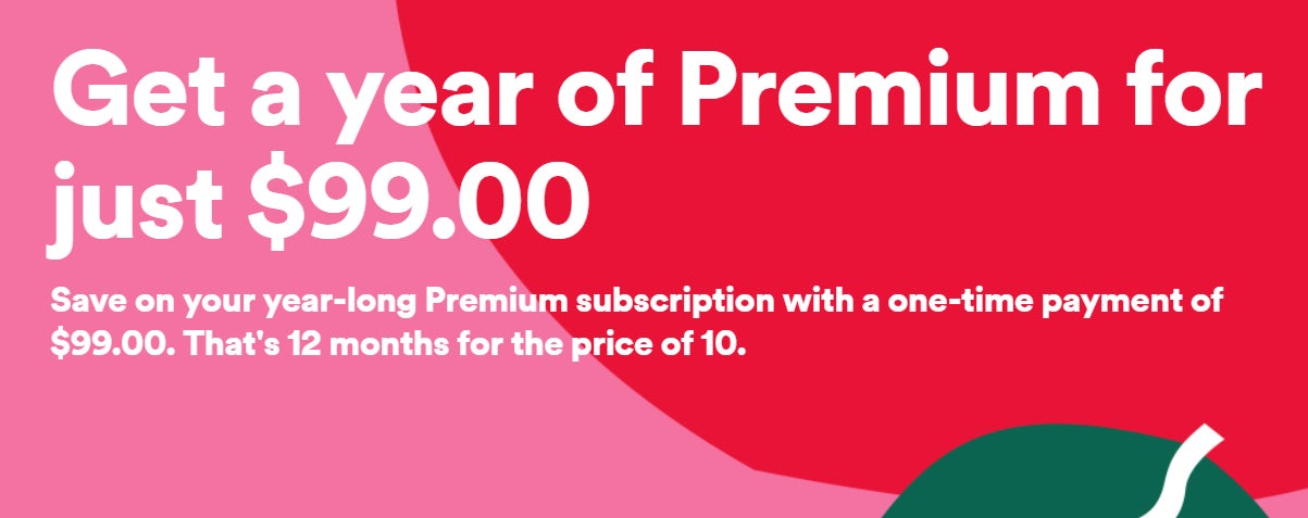 Spotify offers a yearly premium subscription for $99 ($20 off)