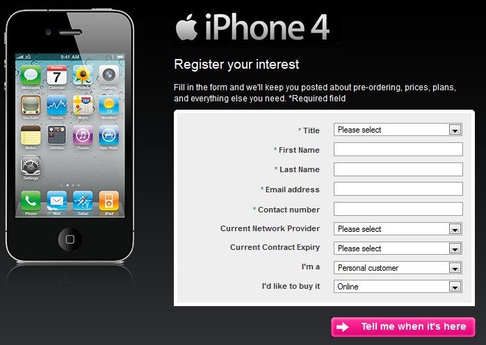 T-Mobile UK customers can now sign up for pre-order info for the iPhone 4