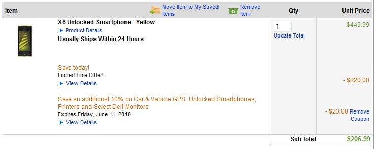 Unlocked Nokia X6 in yellow is dropped down to $207 through Dell Small Business