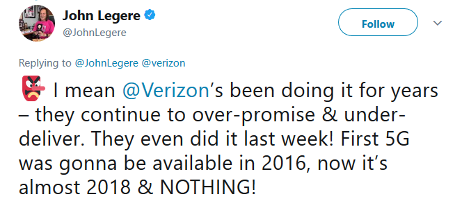 John Legere starts things up by dissing Verizon in a tweet - T-Mobile and Verizon battle over 5G