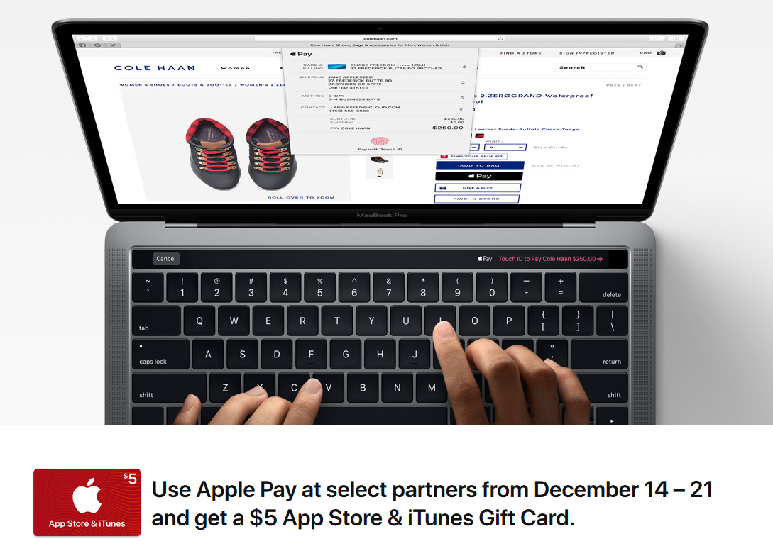 Apple promotes online use of Apple Pay with a $5 gift card offer that starts today - Use Apple Pay at certain retailers today through December 21st, and score a $5 iTunes/App Store card