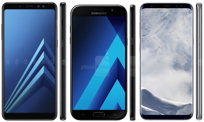 The A8+ is taller but narrower than the A7 (2017), resembling the S8+ design - Galaxy A8 specs comparison vs A5 and S8