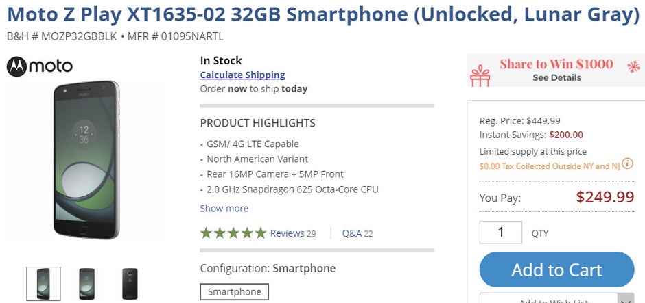 Deal: Unlocked 32GB Moto Z Play on sale at B&H for just $250, the lowest price to date