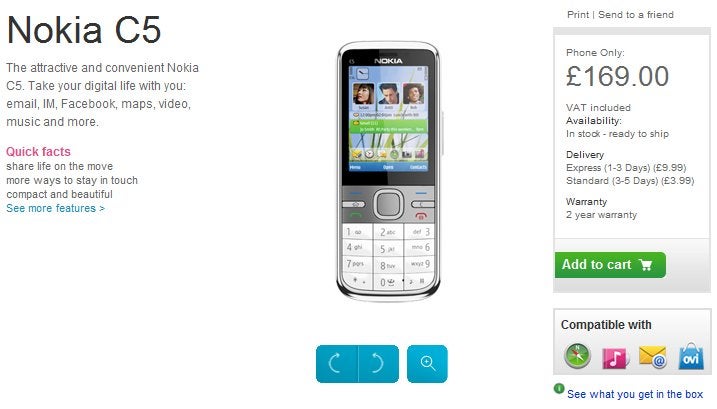 Unlocked Nokia C5 can be bought for £169 through Nokia&#039;s site
