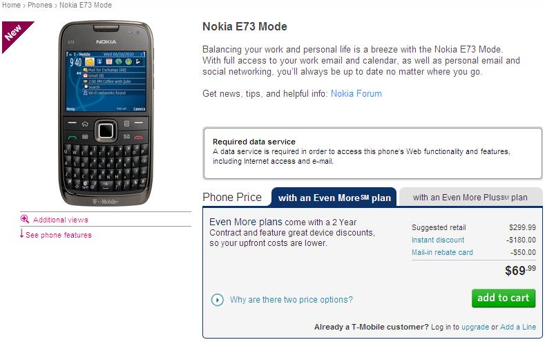 Nokia Mode E73 is now available on T-Mobile's web site for $69.99