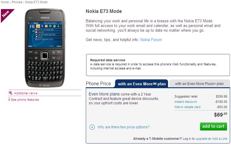 Nokia Mode E73 is now available on T-Mobile&#039;s web site for $69.99