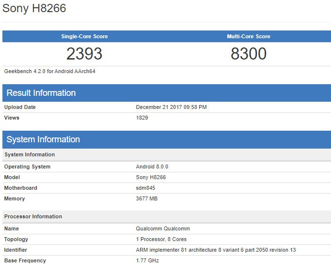 Benchmark confirms Qualcomm Snapdragon 845 CPU for Sony's upcoming flagship