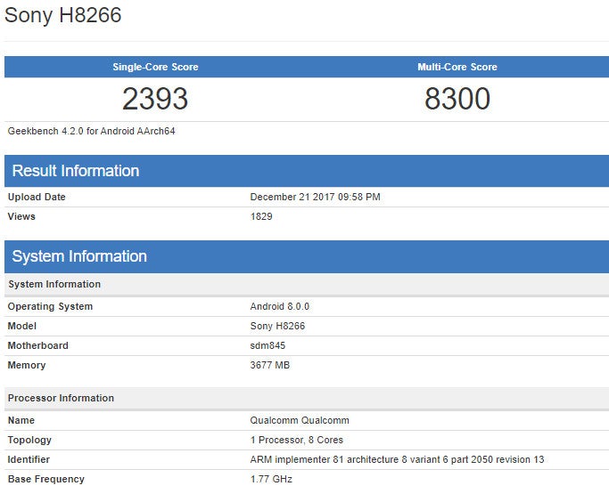 Benchmark confirms Qualcomm Snapdragon 845 CPU for Sony&#039;s upcoming flagship