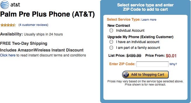 Amazon drops the price of AT&amp;T&#039;s Palm Pre Plus to $0.01 - just a cent more than Wirefly
