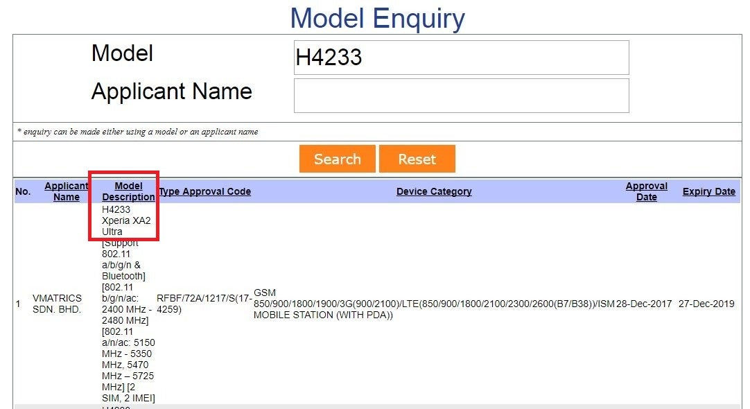 SIRIM's model enquiry page shows that the H4233 model is the XA2 Ultra - Sony's mysterious 6-inch H4233 model is the Xperia XA2 Ultra, here's what to expect