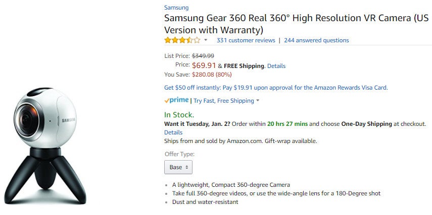 Deal: Samsung Gear 360 is on sale for just 70$ ($280 off) on Amazon