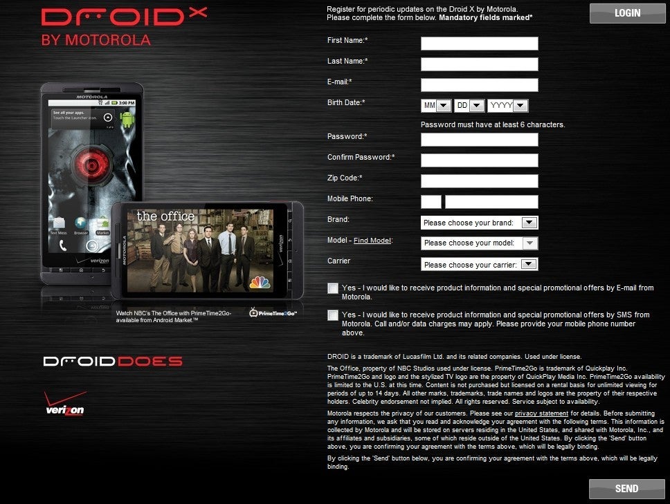 Sign-up page on Motorola&#039;s site for the DROID X