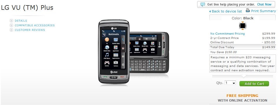 LG Vu Plus is now available on AT&amp;T&#039;s web site for $149.99