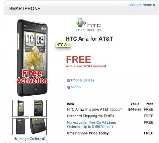 HTC Aria is selling for the on-contract price of $0 through Dell